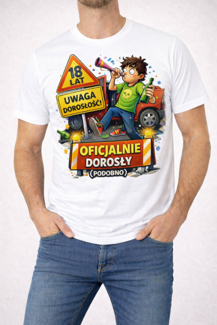 Koszulka męska „Oficjalnie dorosły (podobno)” – 18 lat